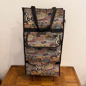 Vintage Bovano USA Route 66 Mother Road Collapsing Rolling Tapestry Trolley Bag